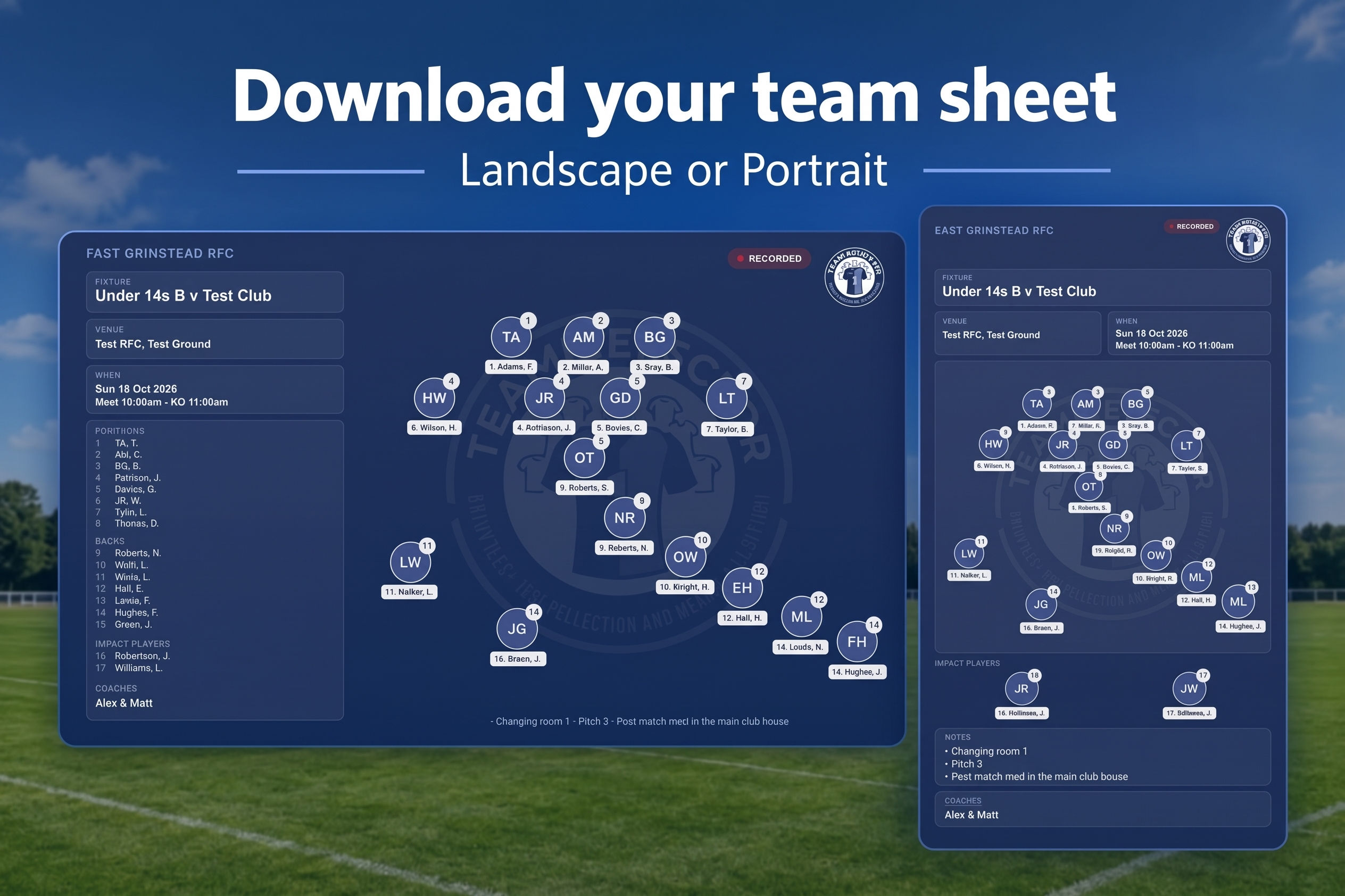 Exportable team sheet preview showing portrait and landscape download options