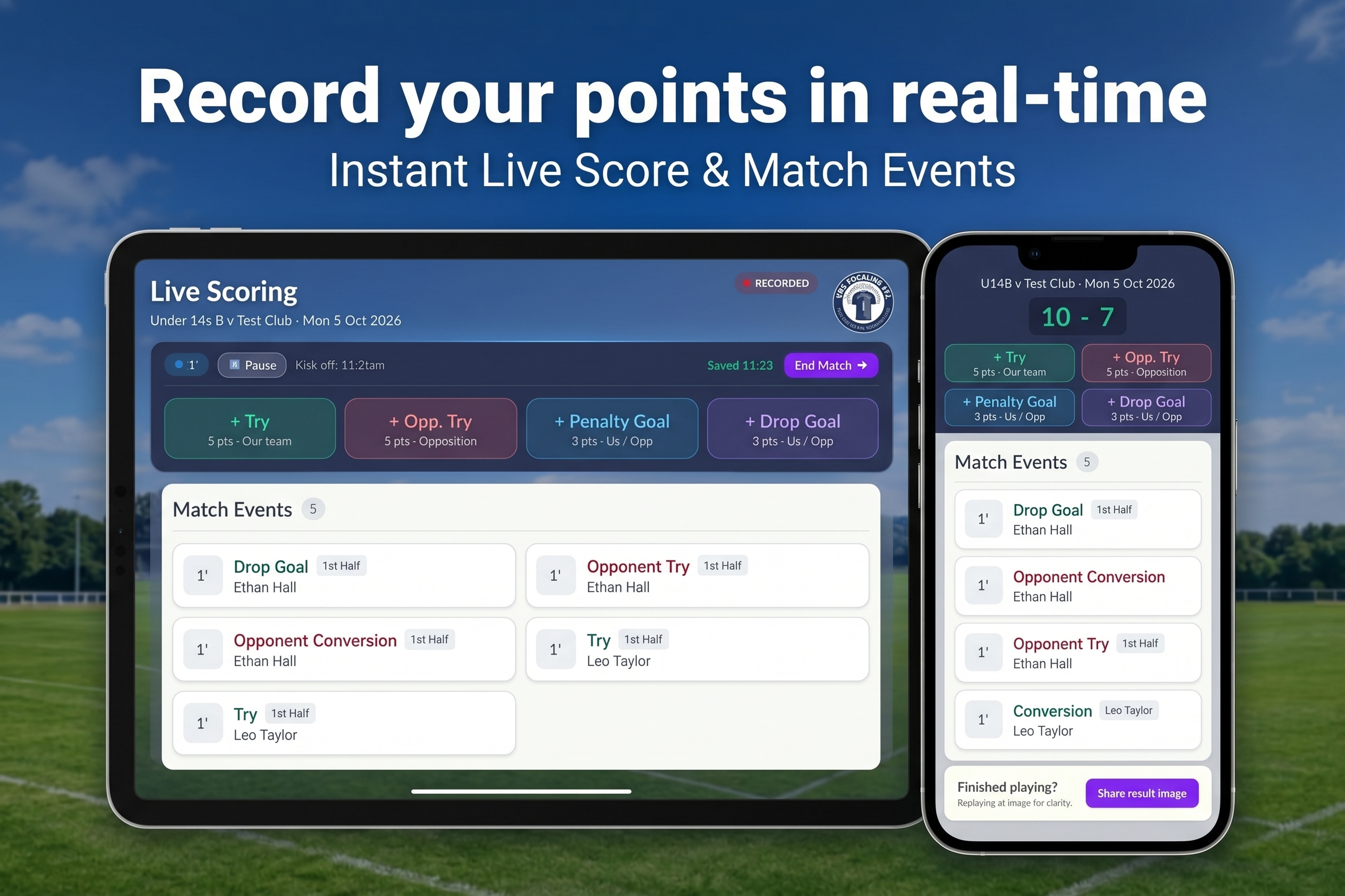 Live match day scoring console with real-time score updates and timeline