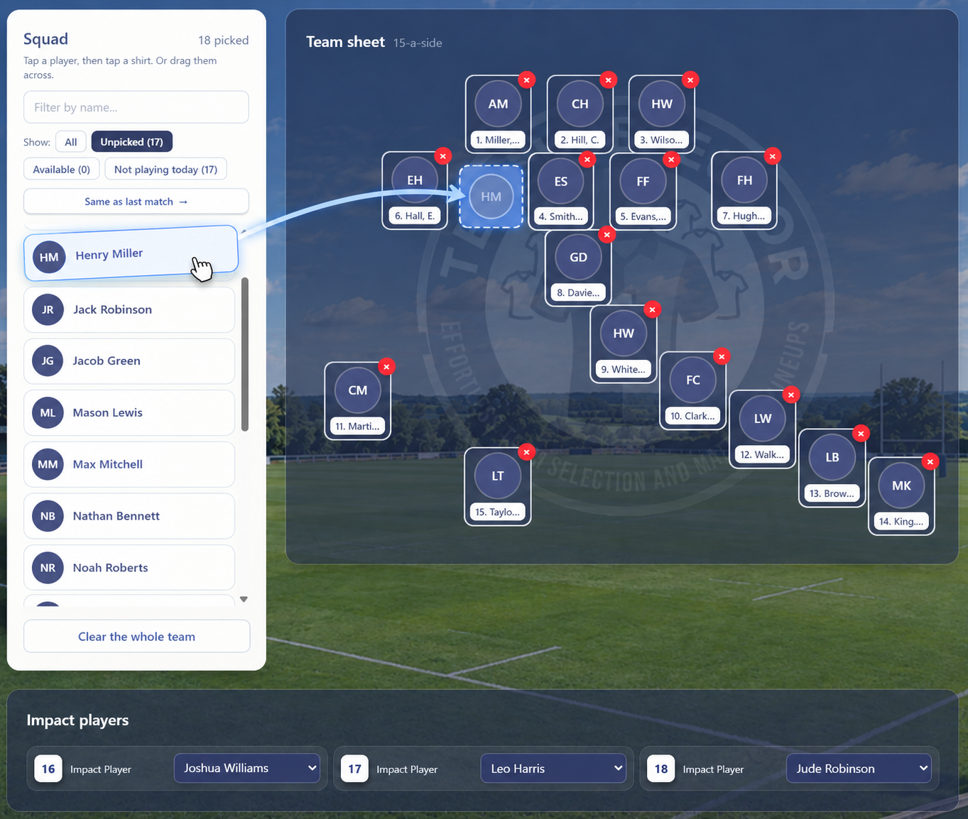 Tactical pitch selector demonstrating drag and drop team selection